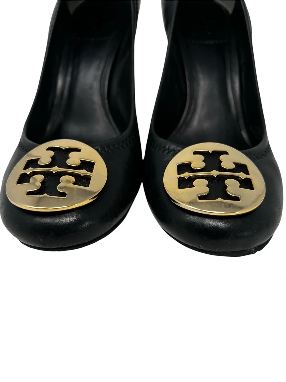 Tory Burch Black Leather Wedge Pumps with Gold Logo Disc